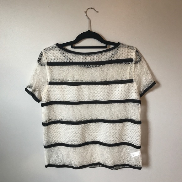 Ann Taylor | Sheer Striped Lace Black White Blouse - Picture 6 of 7